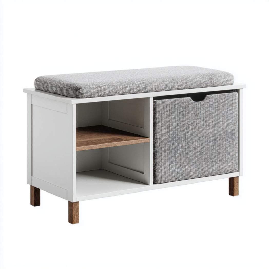 Banc d'entrée bois blanc avec coussin gris, compartiments ouverts et tiroir en tissu