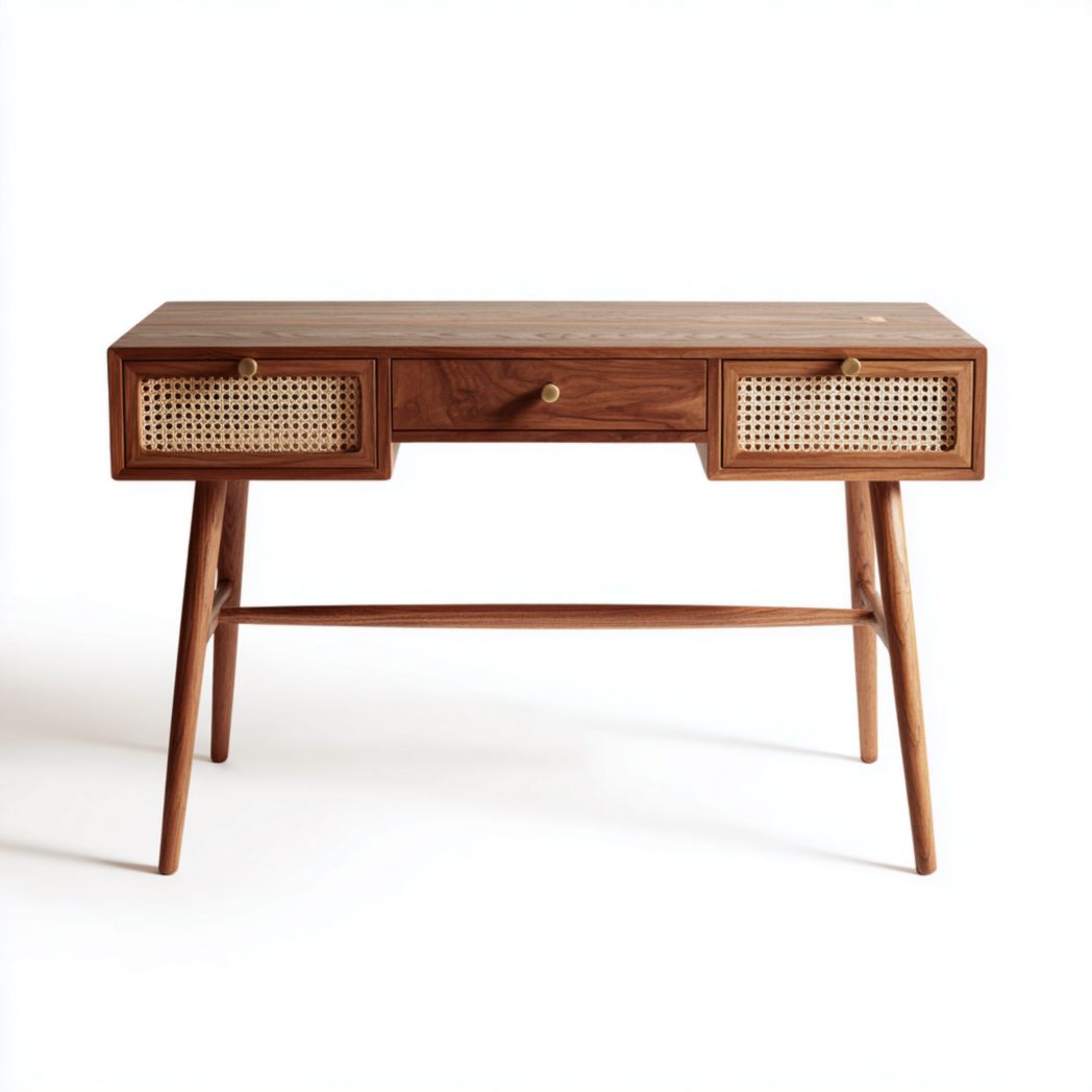 Bureau en bois brun foncé avec tiroirs en rotin et trois compartiments