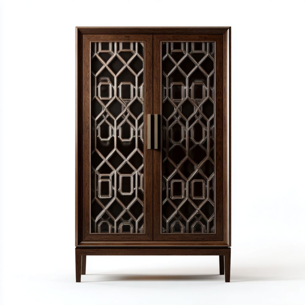 Meuble bas de salle de bain bois foncé avec 2 portes vitrées décoratives