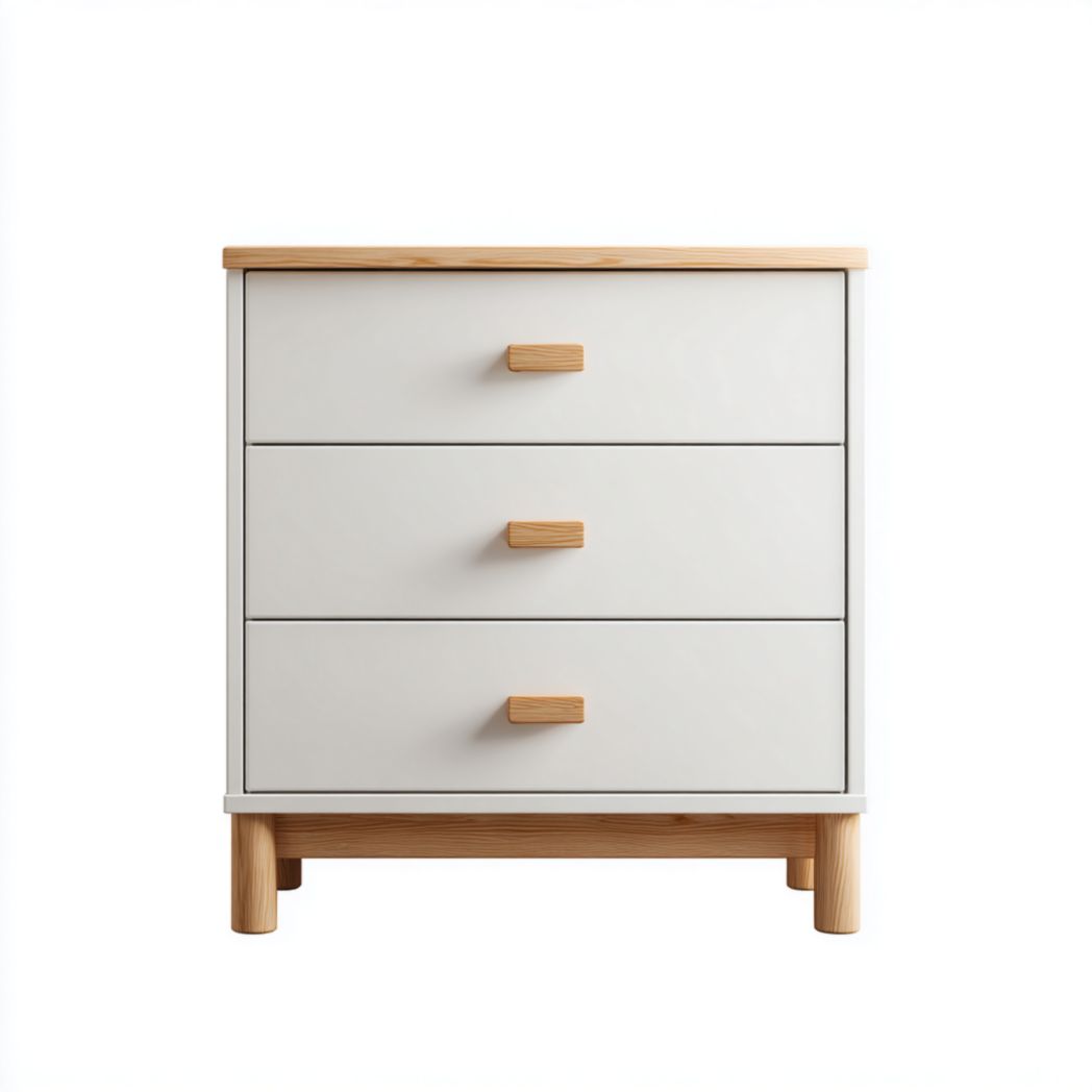 Commode 3 tiroirs blanche, détails en bois naturel, pieds cylindriques