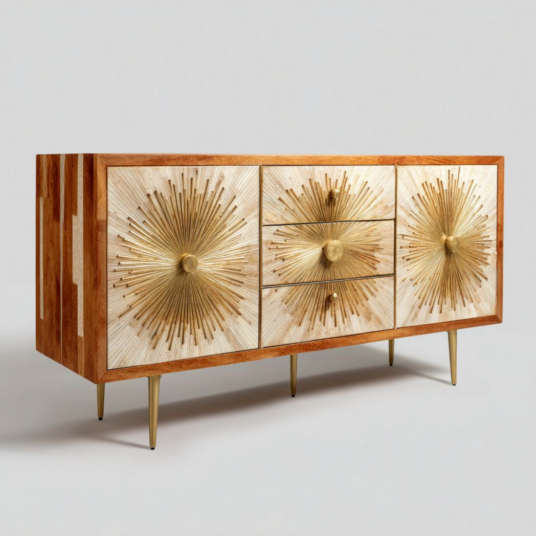 Armoire de bureau en bois avec décorations dorées, 2 portes et 3 tiroirs