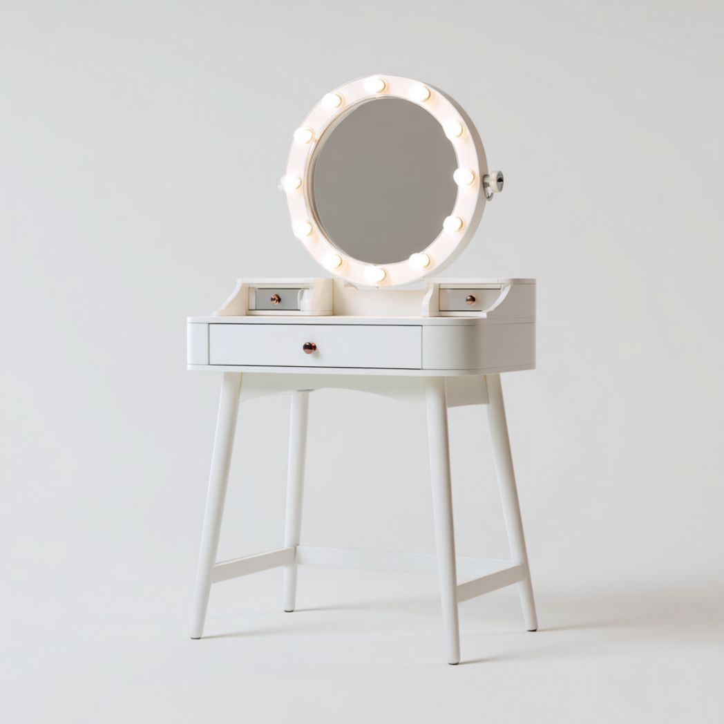 Coiffeuse ronde avec miroir et éclairage LED blanc et trois tiroirs