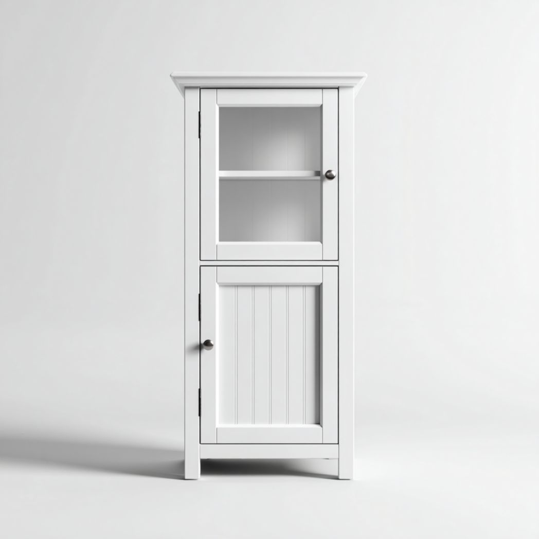 Armoire de salle de bain blanche avec 2 portes, panneau vitré et panneau plein