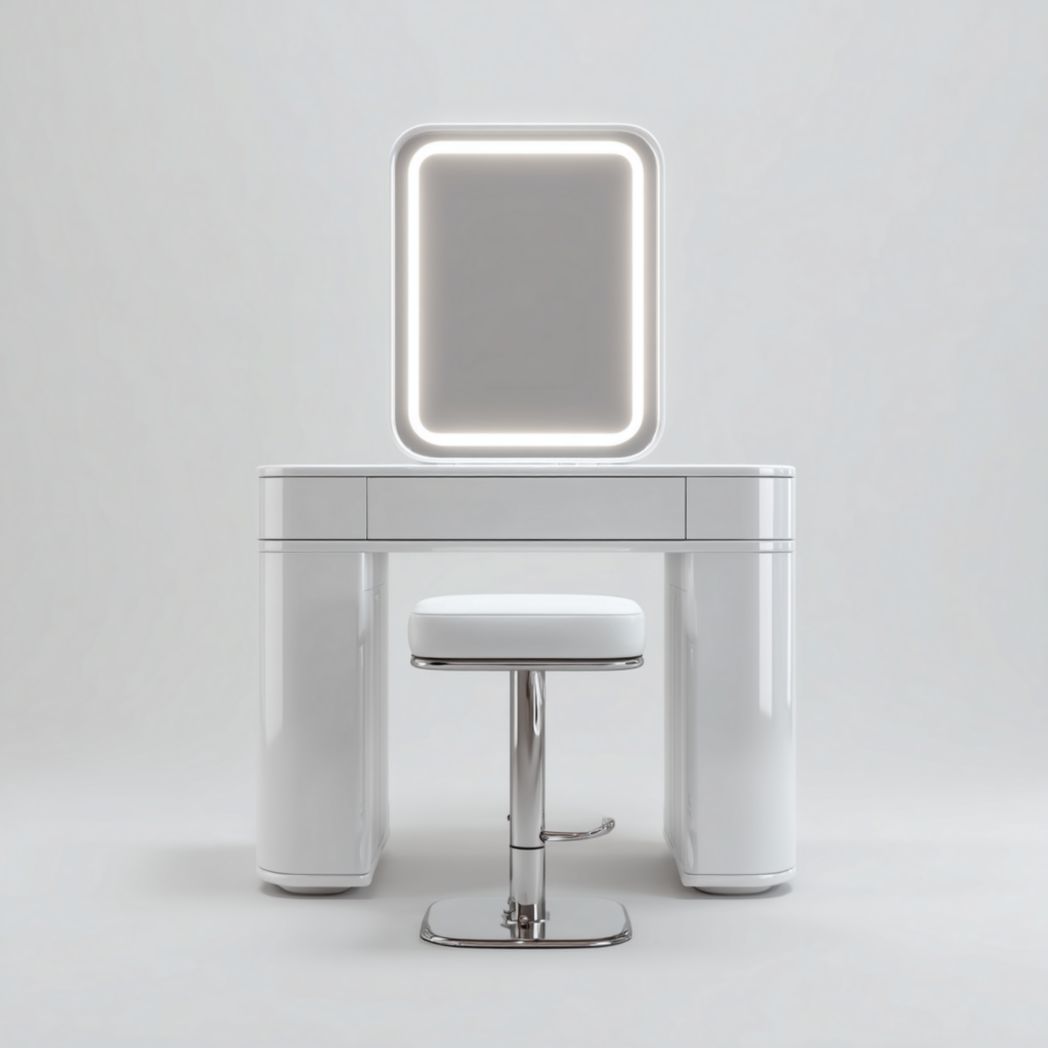 Coiffeuse blanche, miroir LED rectangulaire, un tiroir, avec fauteuil releveur rond