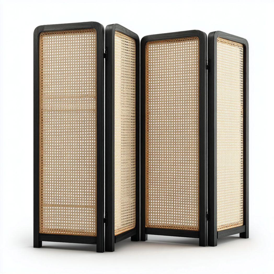 Paravent 4 panneaux bois noir, panneaux en cannage rectangulaires