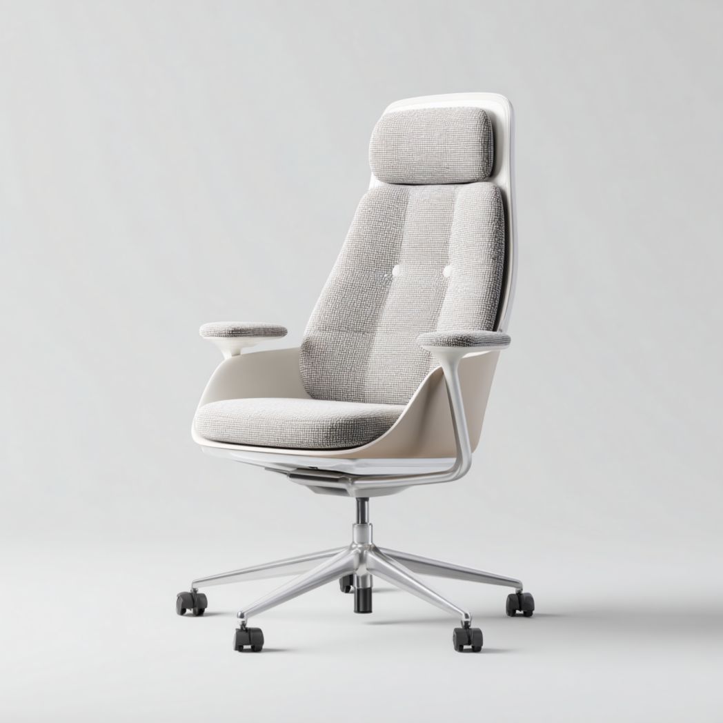 Chaise de bureau en tissu gris clair avec haut dossier, appuie-tête et accoudoirs