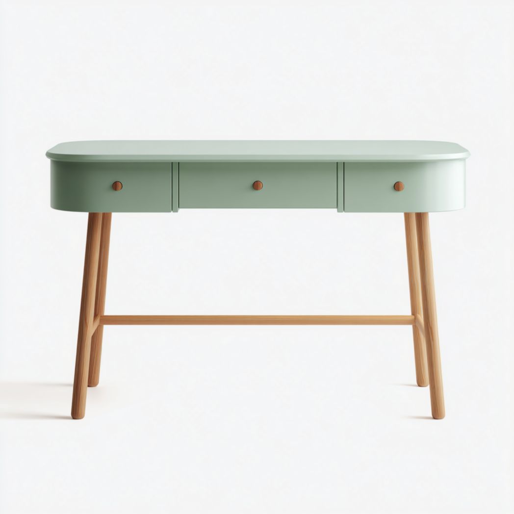 Bureau rectangulaire vert clair à trois tiroirs avec coins arrondis et pieds en bois