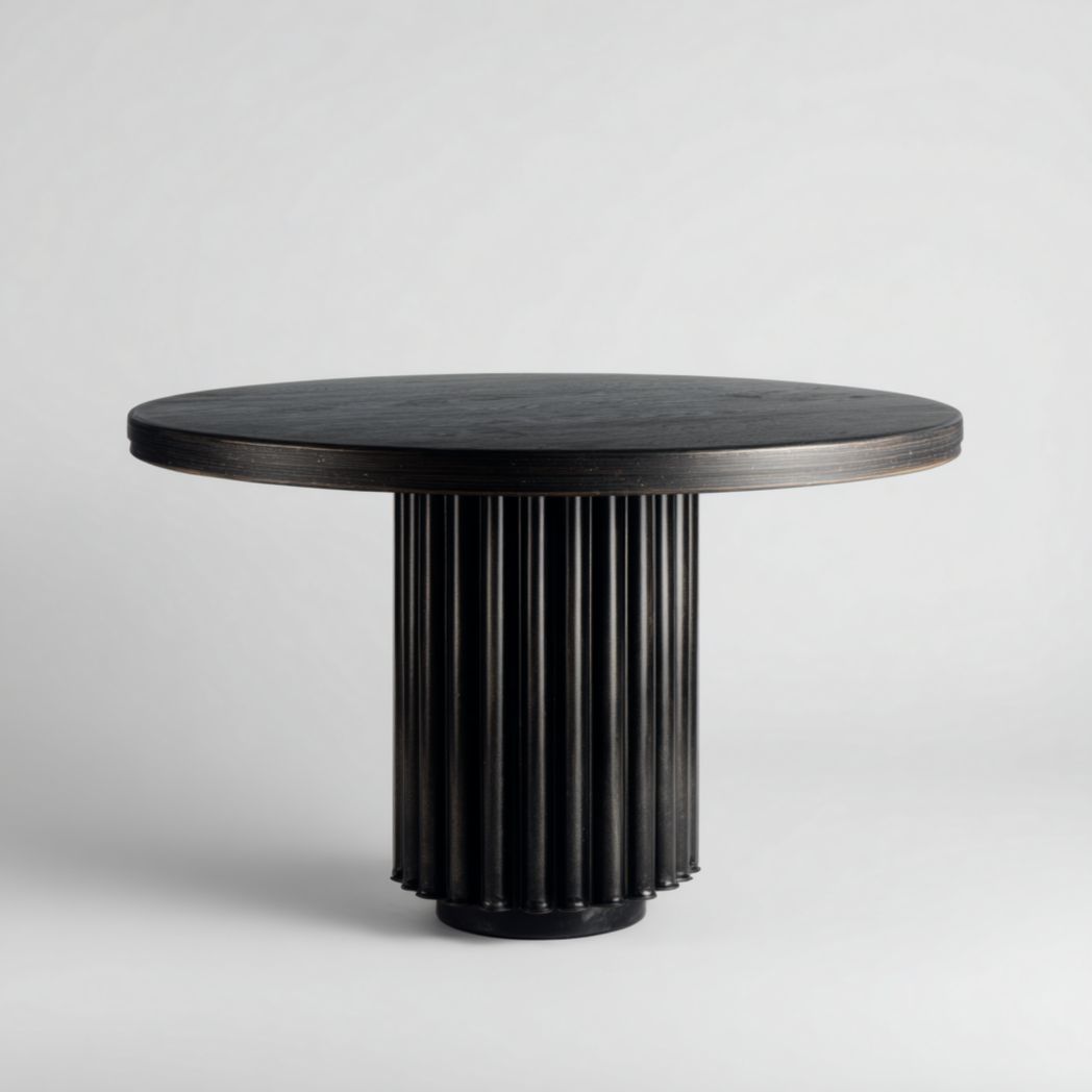 Table ronde en bois massif noir, avec un plateau rond et des rainures verticales dans les pieds centraux