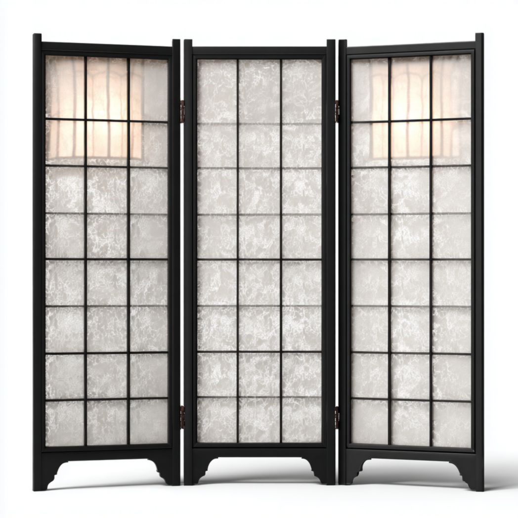 Paravent 3 panneaux cadre bois noir avec panneaux blancs