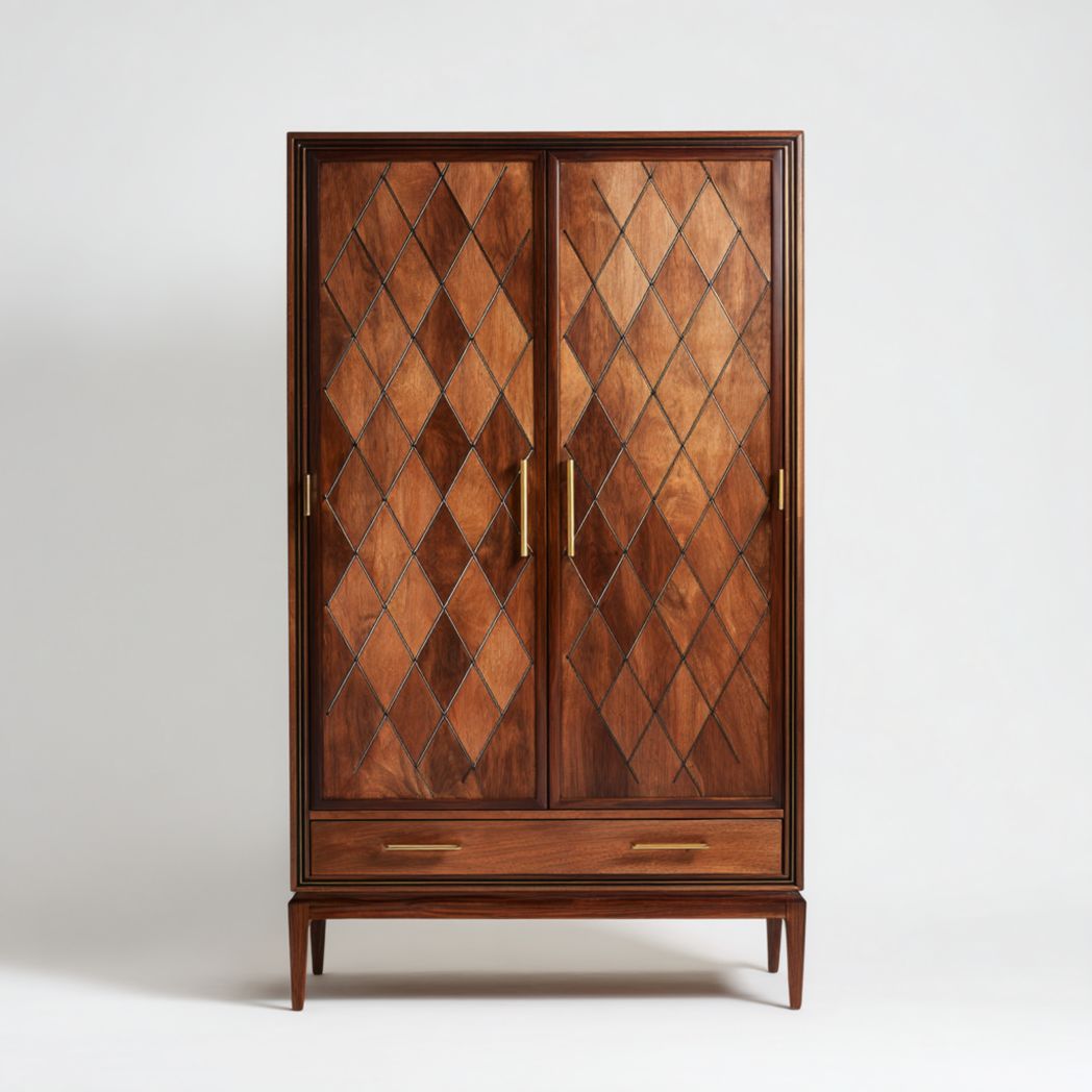 Armoire en bois coloris noyer avec 2 portes décor losange et 1 tiroir