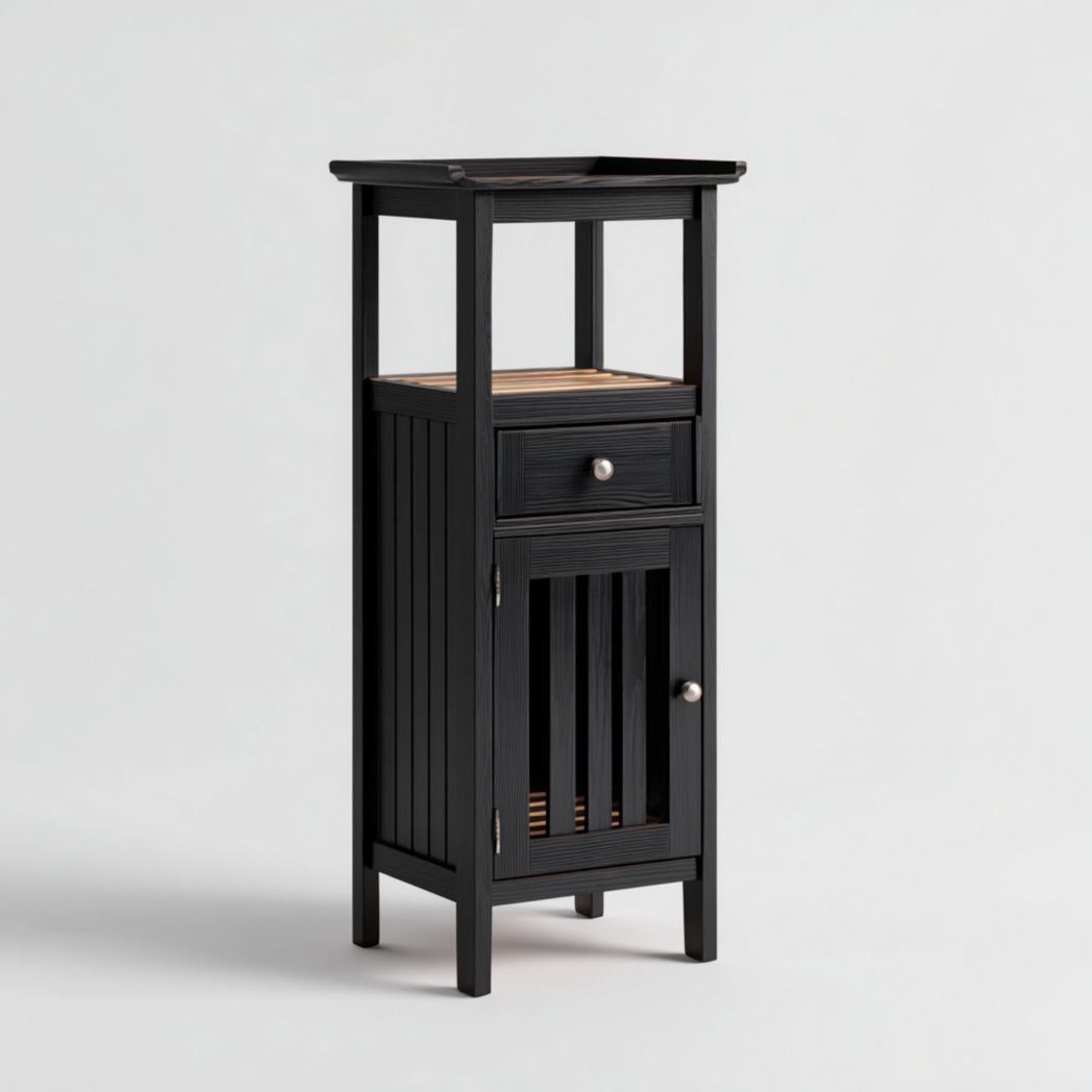 Étagère salle de bain bois noir avec tiroir et porte unique