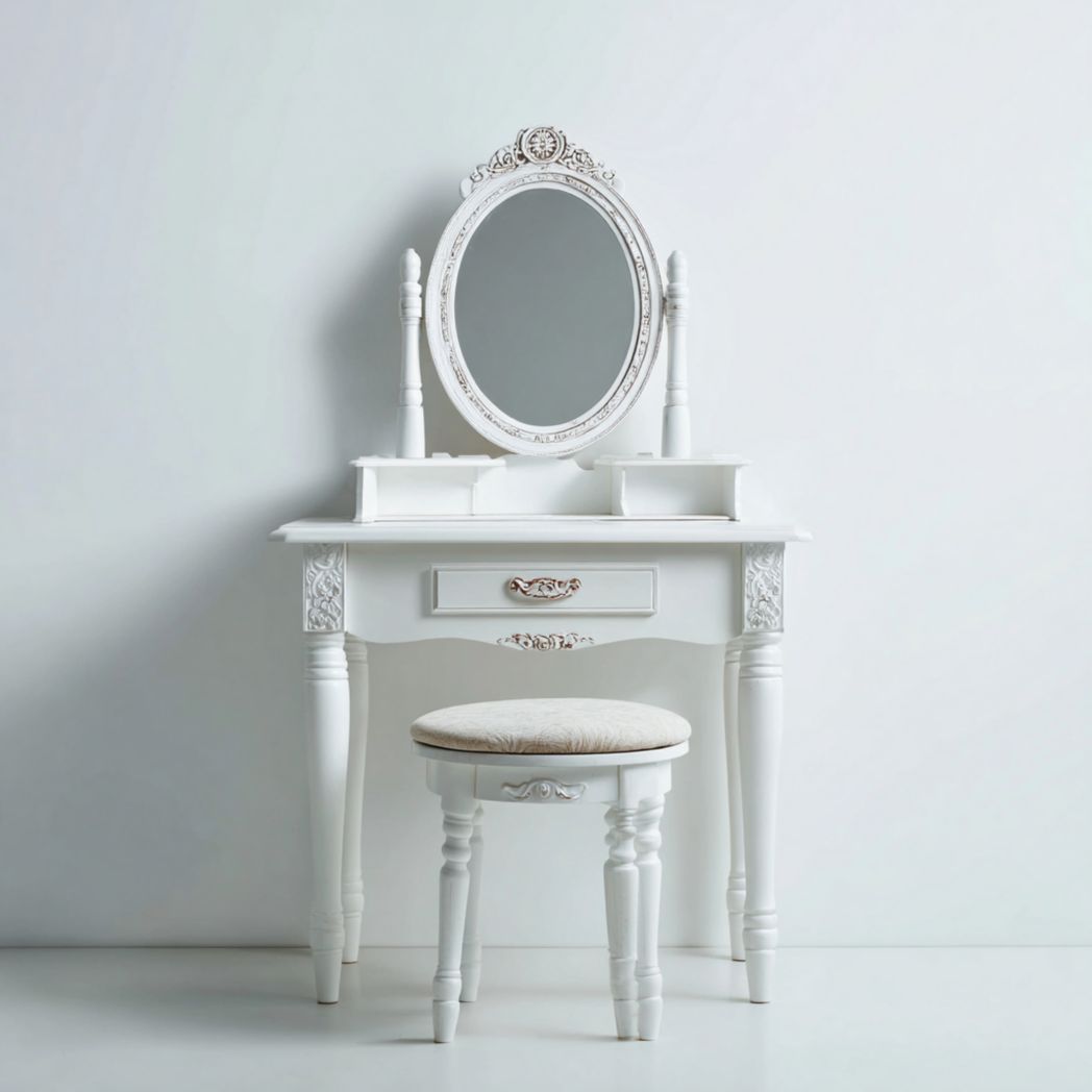 Coiffeuse blanche en bois avec miroir ovale, un tiroir et tabouret assorti