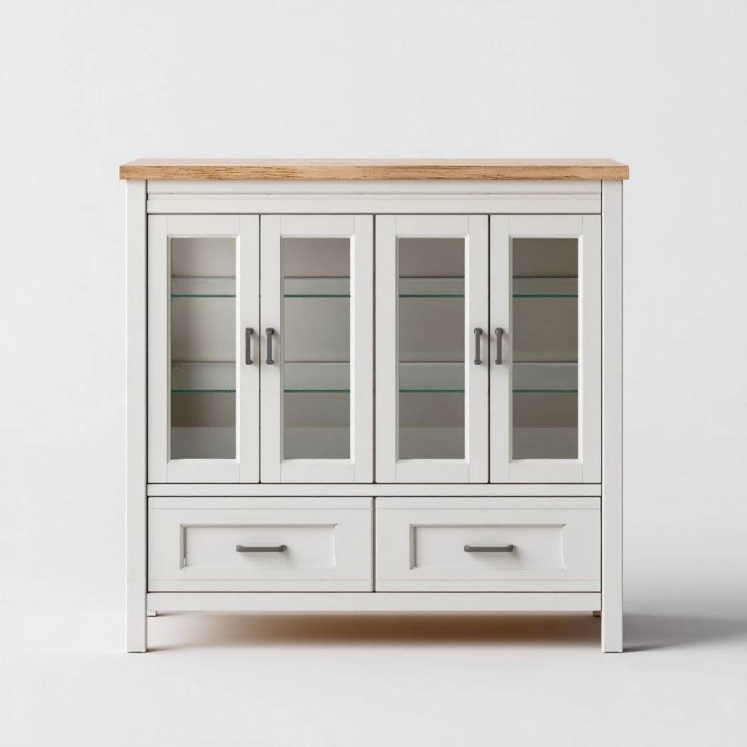 Meuble bas de salle de bain blanc avec 4 portes vitrées et 2 tiroirs, plateau bois