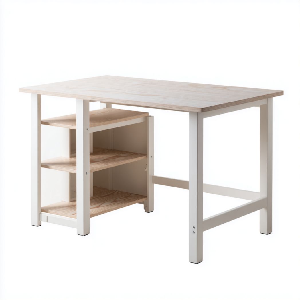 Bureau en bois clair avec trois étagères ouvertes et structure métallique blanche