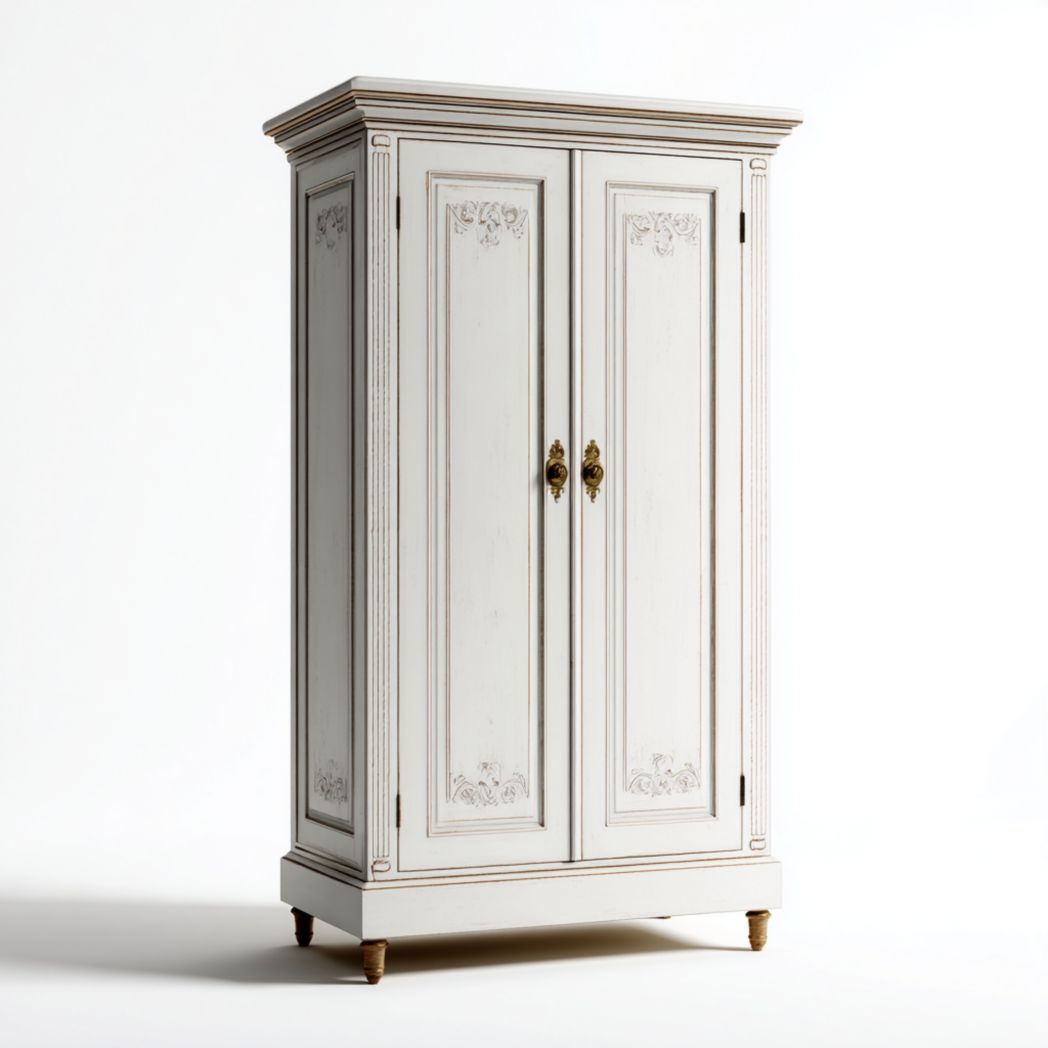 Armoire blanche gris clair à deux portes avec ornements dorés