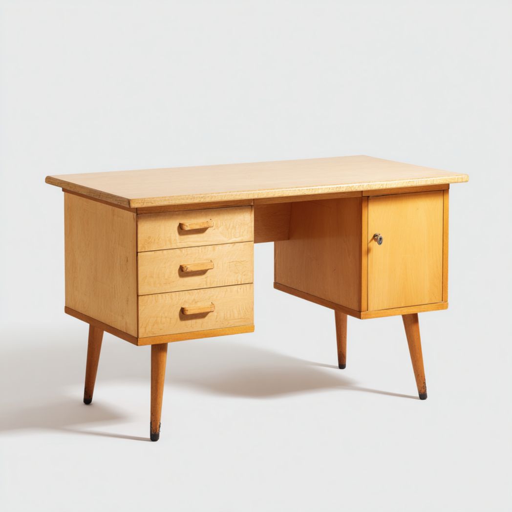 Bureau rectangulaire en bois clair avec trois tiroirs et une porte latérale