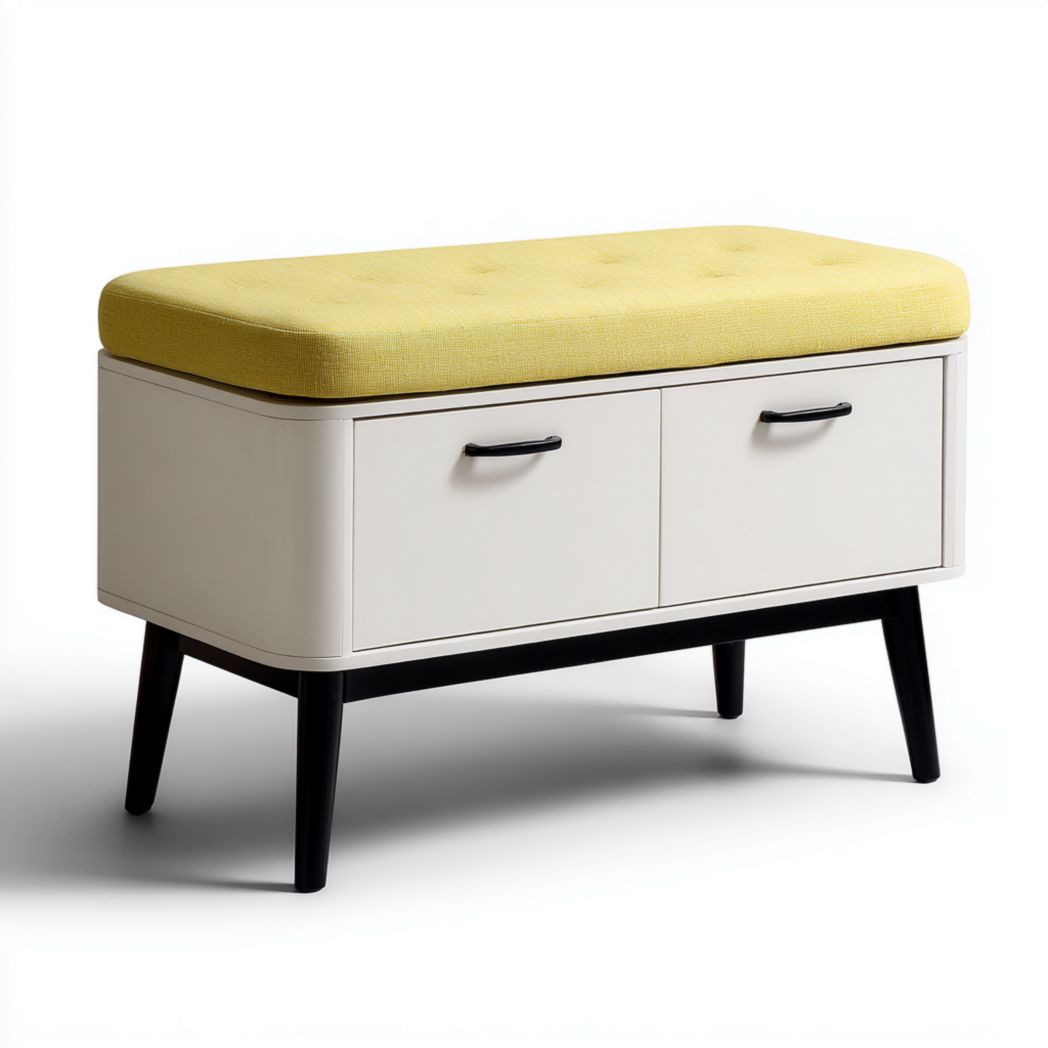 Banc d'entrée bois blanc avec coussin jaune et deux tiroirs