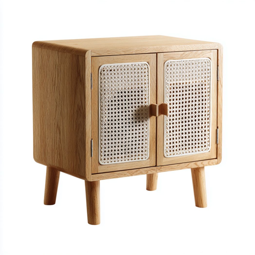 Meuble bas de salle de bain en bois naturel avec 2 portes en rotin