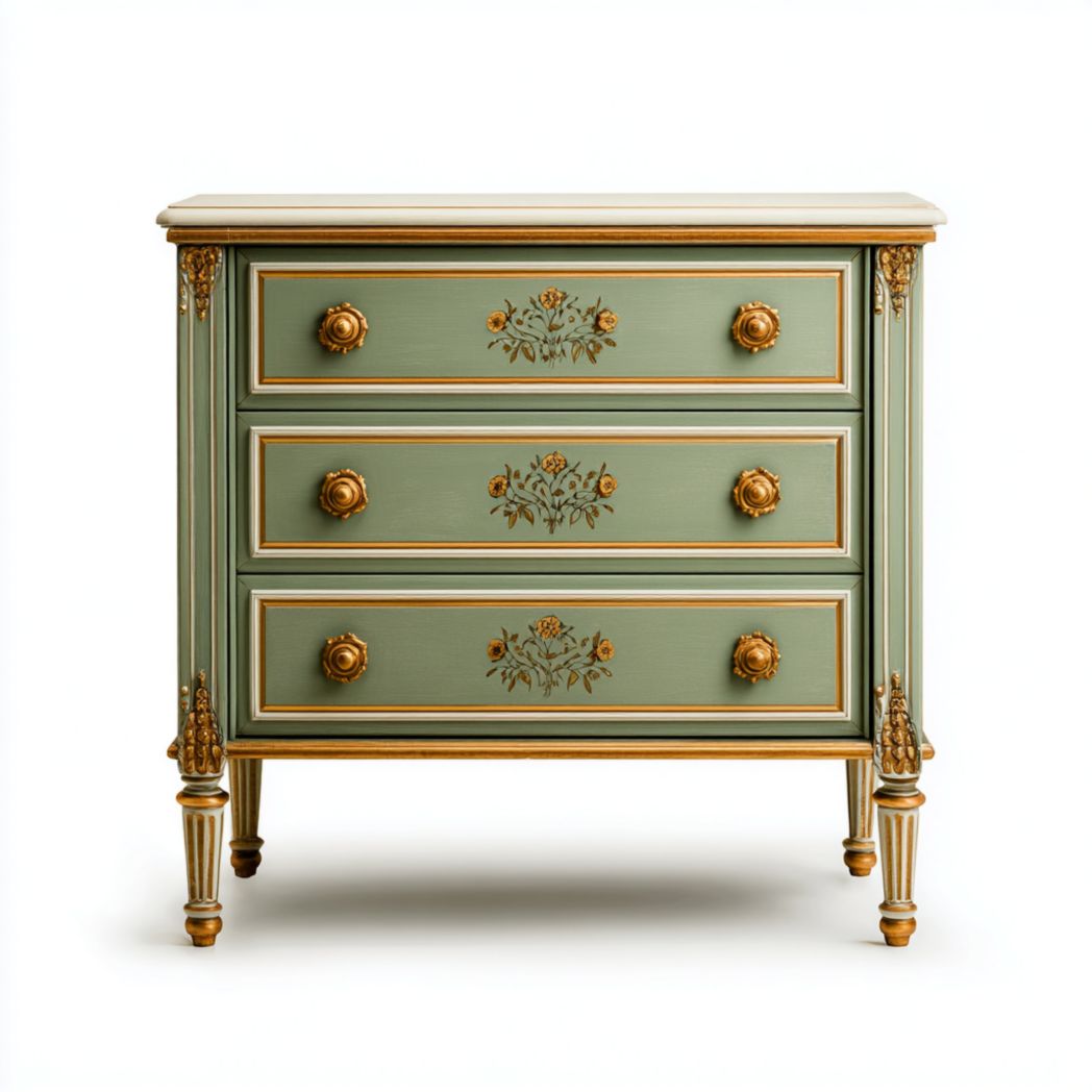 Commode 3 tiroirs bois vert, ornements dorés, pieds en colonne
