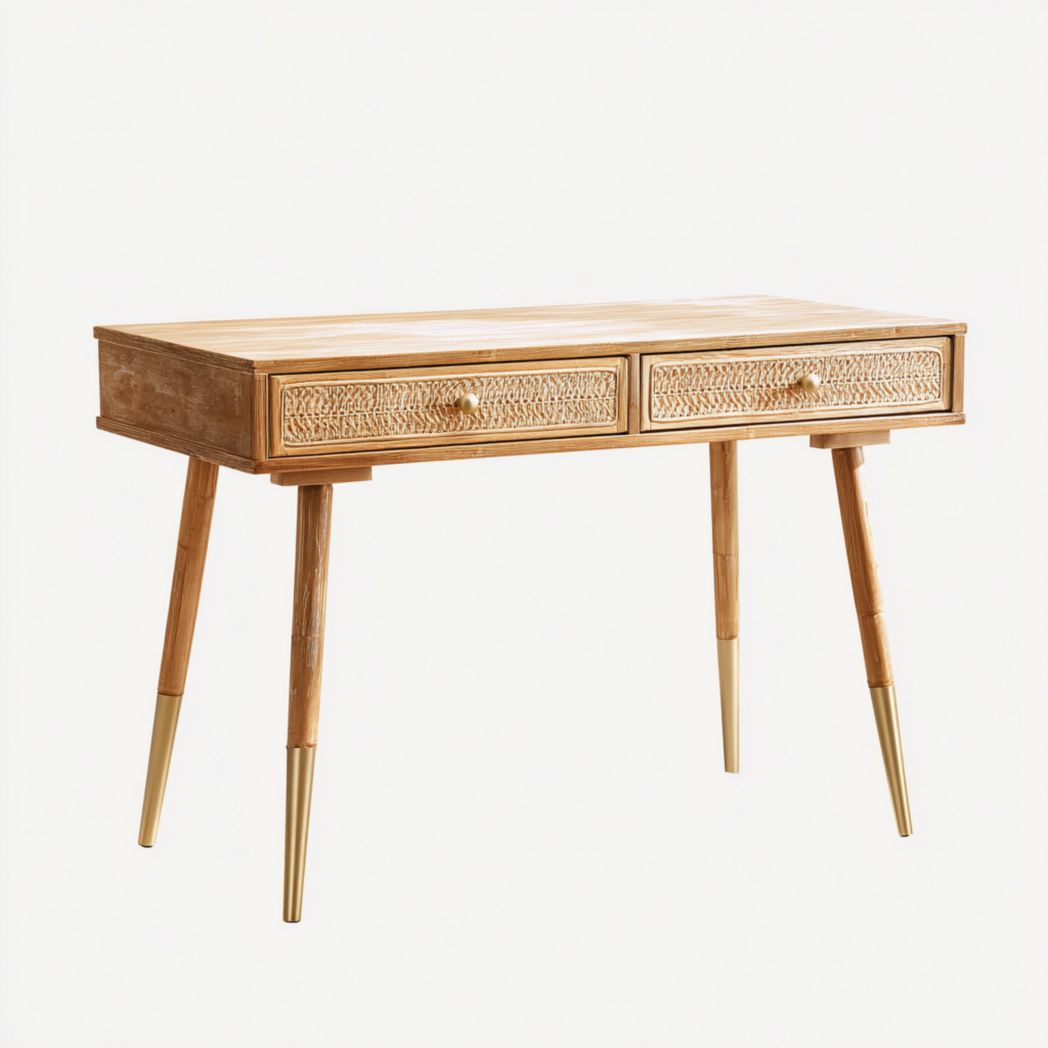 Bureau brun clair à deux tiroirs avec pieds décorés en doré
