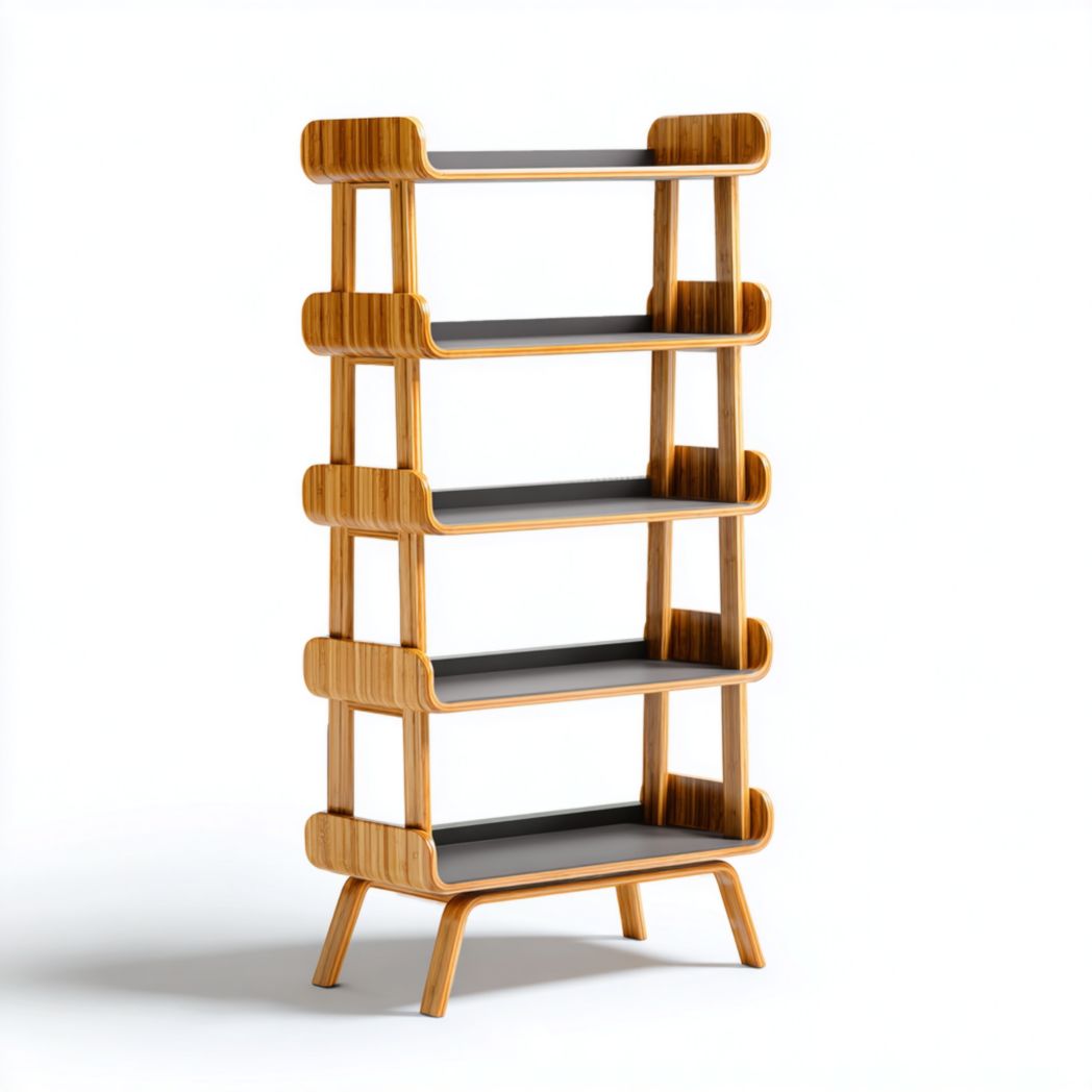 Étagère de salle de bain Cadre en bois avec étagères noires, conception ouverte à cinq couches