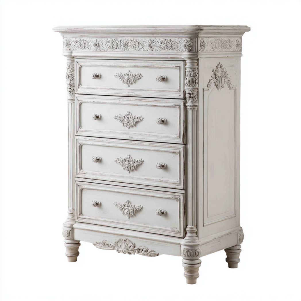 Commode 4 tiroirs bois sculpté, finition gris blanc, structure à colonnes