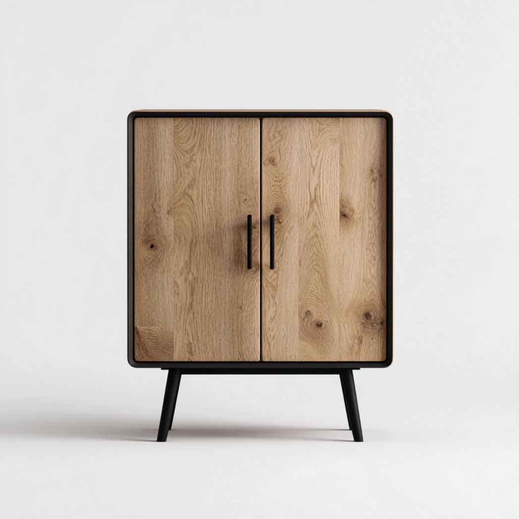 Meuble bas de salle de bain bois naturel avec cadre noir et 2 portes