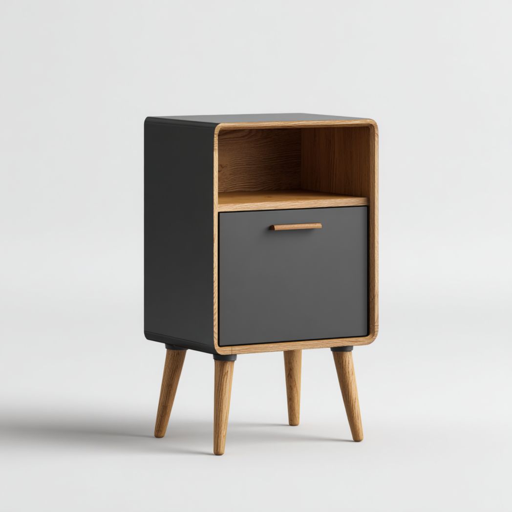 Meuble bas de salle de bain bois noir et naturel avec 1 tiroir et niche ouverte