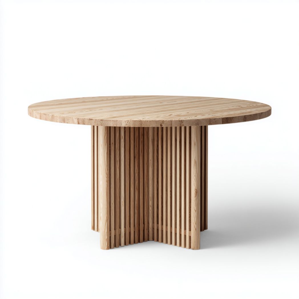 Table ronde en bois massif brun clair, avec plateau rond et piètement en lattes de bois en forme de croix