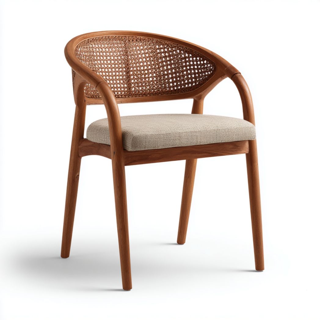 Chaise de salle à manger en rotin et tissu avec dossier courbé