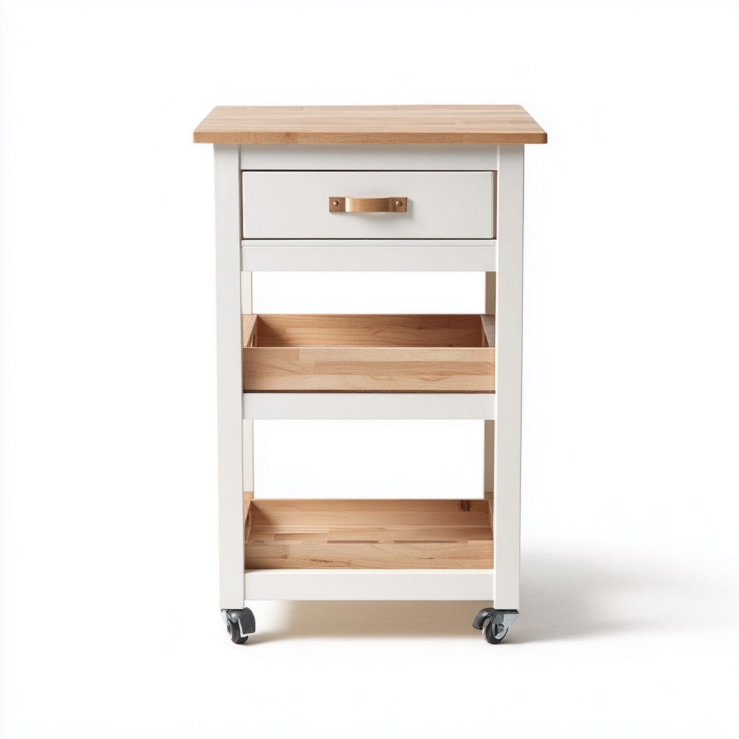 Caisson de bureau bois blanc, 1 tiroir et 2 étagères ouvertes, sur roulettes