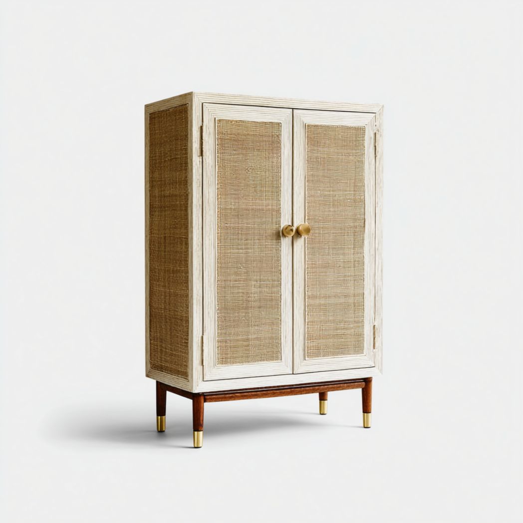 Armoire en bois clair avec 2 portes en cannage, poignées rondes, sans tiroir