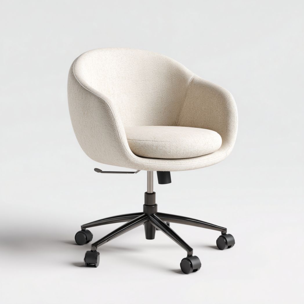 Chaise de bureau en tissu beige avec dossier arrondi et base à roulettes noire