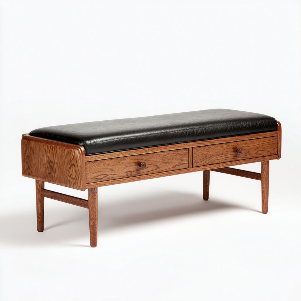Banc d’entrée bois foncé avec assise noire et deux tiroirs