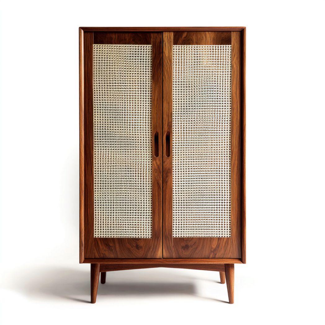 Armoire rectangulaire en bois noyer avec 2 portes et panneaux en rotin