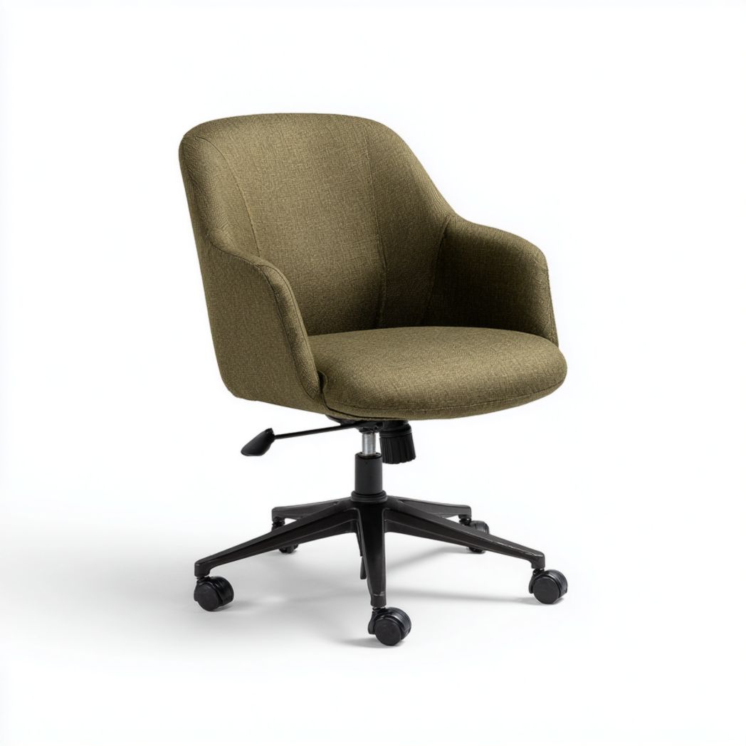 Chaise de bureau en tissu vert olive avec dossier courbé et base noire à roulettes