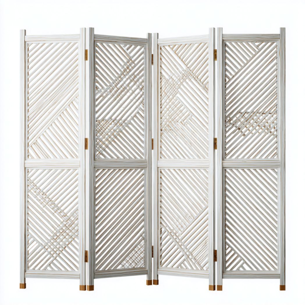 Paravent 4 panneaux bois blanc, design à lattes diagonales