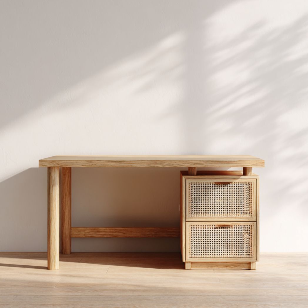 Bureau en bois clair avec caisson latéral à deux tiroirs en rotin