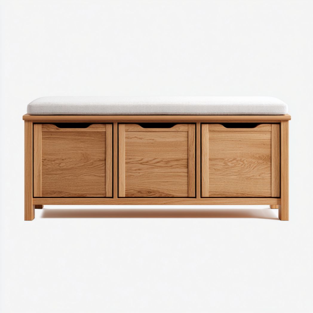 Banc d’entrée bois clair avec coussin beige et trois tiroirs