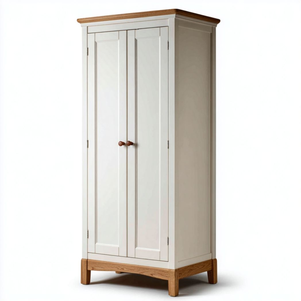 Armoire en bois blanc avec 2 portes, dessus et base en bois naturel, sans tiroir