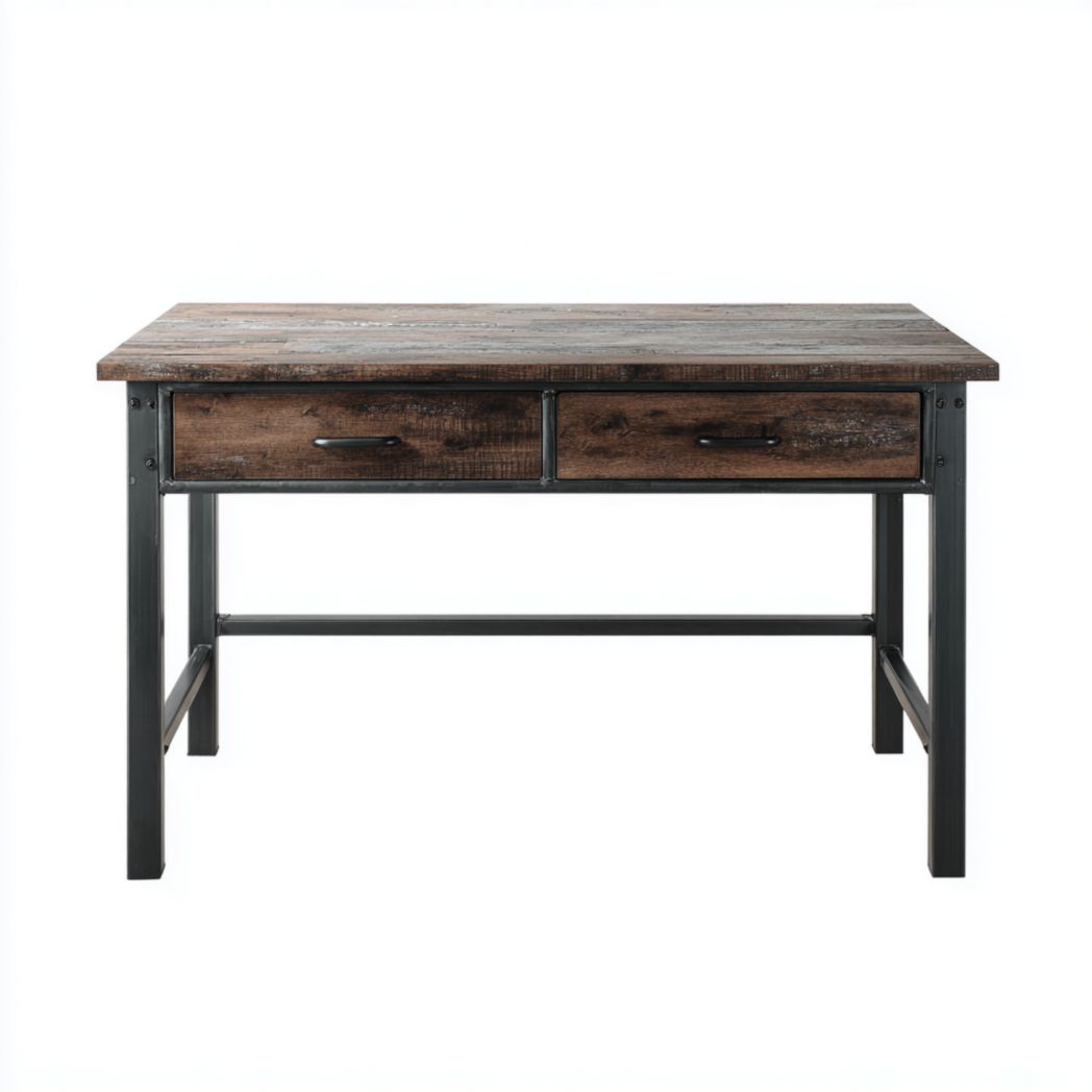 Bureau rectangulaire en bois foncé avec deux tiroirs et structure métallique noire