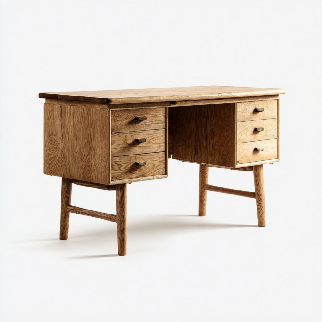 Bureau rectangulaire en bois massif avec six tiroirs et pieds en bois naturel