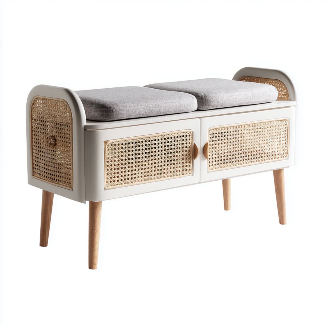 Banc d'entrée bois blanc avec coussins gris et portes en rotin