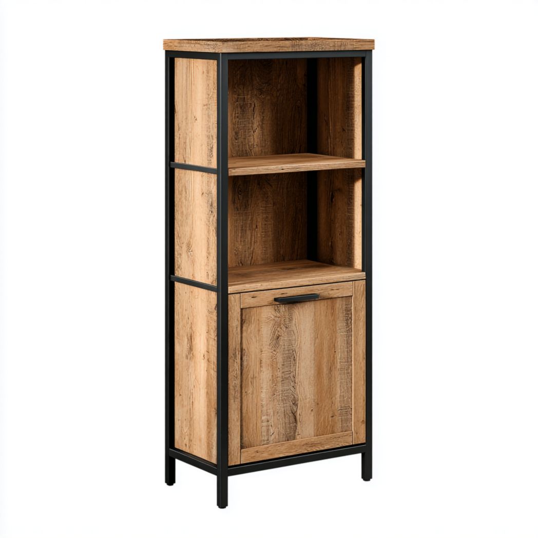 Armoire de salle de bain avec structure métal noir et 2 étagères ouvertes, 1 porte en bois