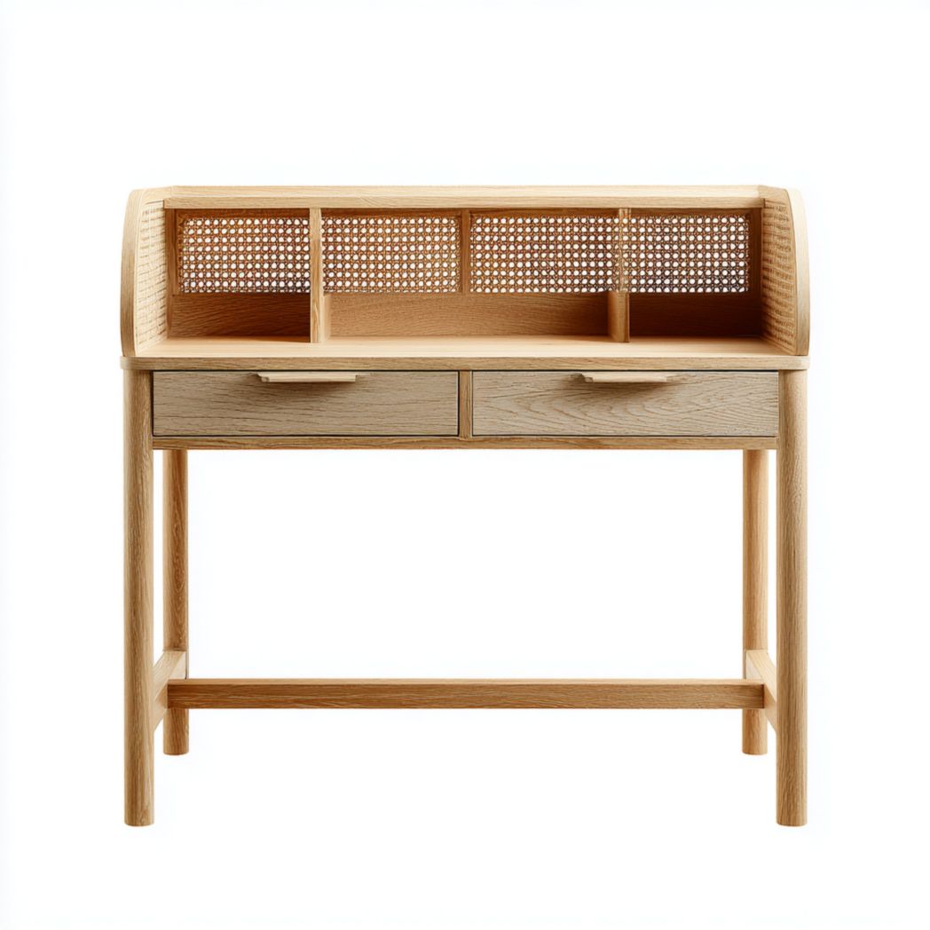 Bureau en bois clair avec deux tiroirs et trois compartiments supérieurs en rotin