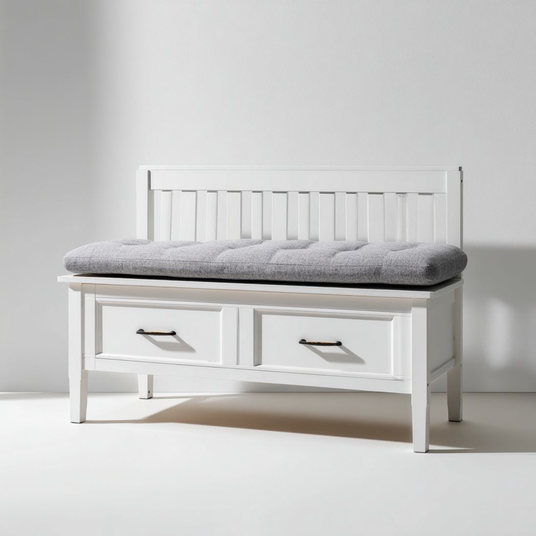 Banc d'entrée bois blanc avec coussin gris et deux tiroirs