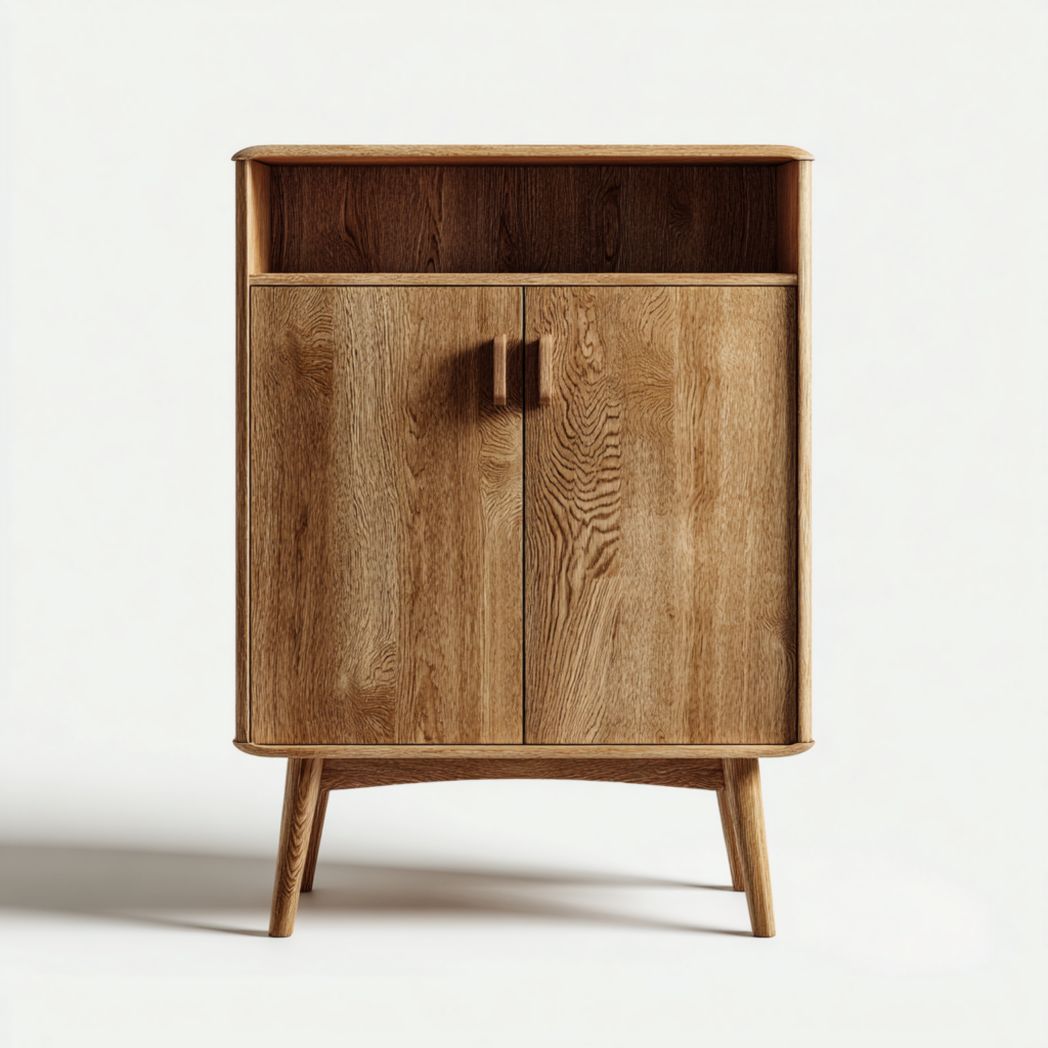 Caisson de bureau en bois foncé avec niche ouverte et armoire à deux portes