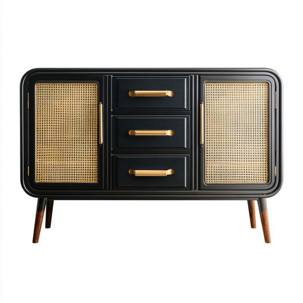 Meuble à chaussures noir avec trois tiroirs et deux portes en rotin