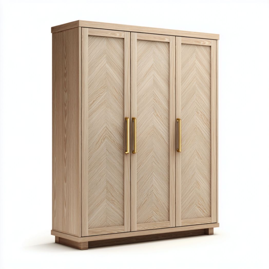 Armoire à trois portes beige clair avec poignées dorées