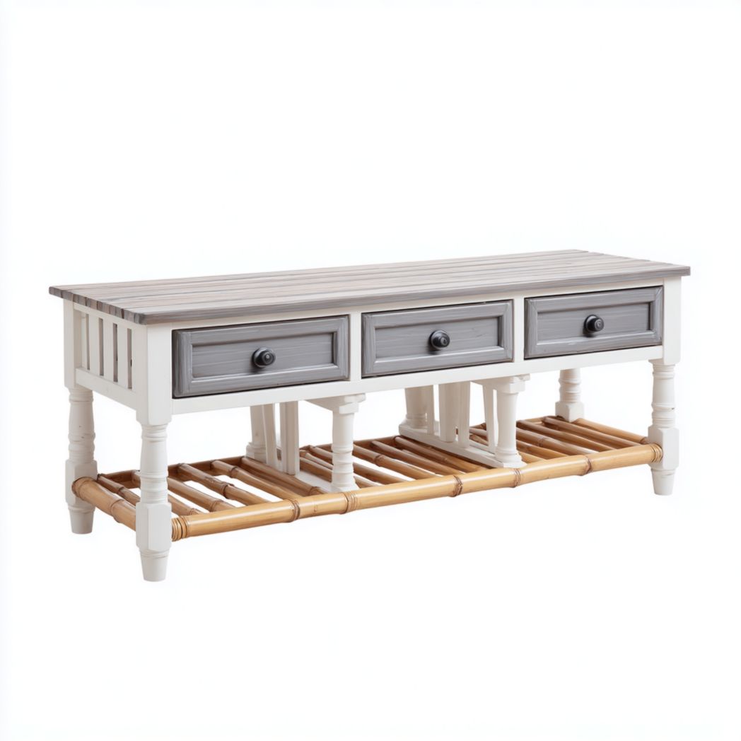 Banc d'entrée en bois avec 3 tiroirs gris et étagère inférieure en bambou